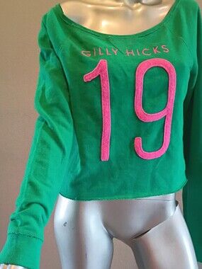 Gilly Hicks Bright Green Cropped Sweatshirt with Pink '19' Applique Sz Large